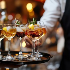 Bartender serves cocktails.