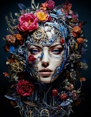 A captivating image blending human and machine, this artwork features a futuristic face intertwined with mechanical gears and blooming flowers, symbolizing the fusion of nature and technology.. AI