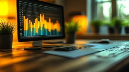 Modern workspace with computer monitor displaying data charts