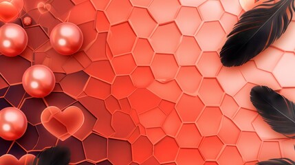Neon coral hexagon patterned background, gradient from light coral to deep coral, deep coral pearls, light coral hearts, and black feathers