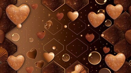 Neon brown hexagon pattern, gradient from tan to dark brown, dark brown pearls, tan glitter, bubbles, a dark brown frame, tan hearts, and cinnamon chocolate hearts