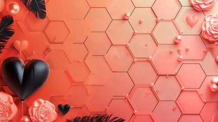 Neon coral hexagon patterned background, gradient from light coral to deep coral, deep coral pearls, light coral hearts, and black feathers