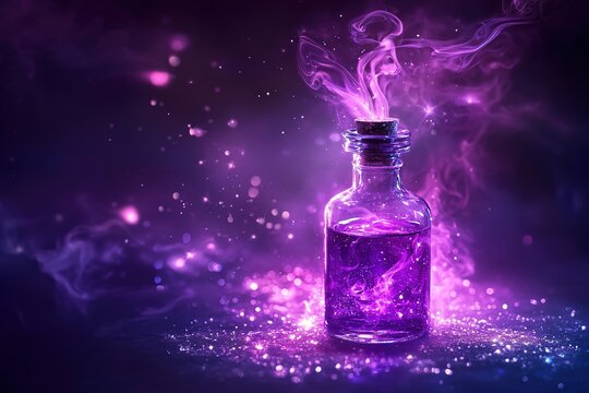 Glowing Purple Potion Bottle with Mystical Smoke