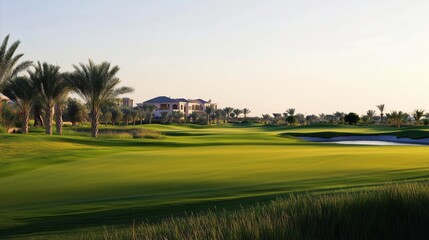 Naklejka premium Golf course with a green grassy field and a house in the background