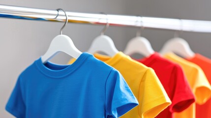 Obraz premium Colorful t-shirts hanging on rack indoor apparel display modern retail environment bright perspective for fashion lovers