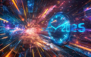 Obraz premium A glowing countdown clock reaching midnight, transitioning to a vibrant 