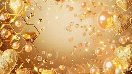 Neon gold hexagon pattern, gradient from light gold to rich gold, gold pearls, light gold glitter, bubbles, a gold frame, gold hearts, and gold-dusted chocolate hearts