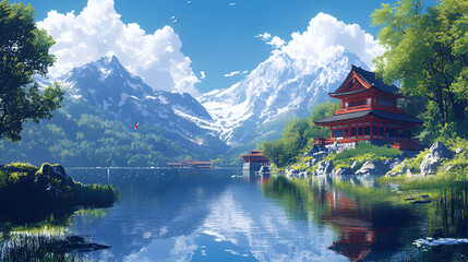 Fototapeta premium Serene Mountain Lake Temple Peaceful Landscape