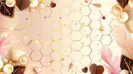 Neon gold hexagon pattern, gradient from cream to chocolate, chocolate pearls, cream hearts, and pink feathers