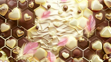 Neon gold hexagon pattern, gradient from cream to chocolate, chocolate pearls, cream hearts, and pink feathers