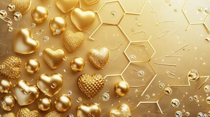 Neon gold hexagon pattern, gradient from light gold to rich gold, gold pearls, light gold glitter, bubbles, a gold frame, gold hearts, and gold-dusted chocolate hearts