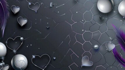 Neon gray hexagon patterned background, gradient from silver to dark gray, dark gray pearls, silver hearts, and purple feathers