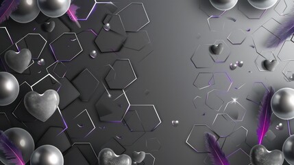 Neon gray hexagon patterned background, gradient from silver to dark gray, dark gray pearls, silver hearts, and purple feathers