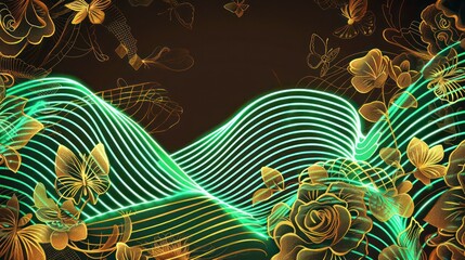 Neon green wave lines flowing over an Art Deco rose backdrop, highlighted by a golden floral and butterfly motif for a luxurious feel