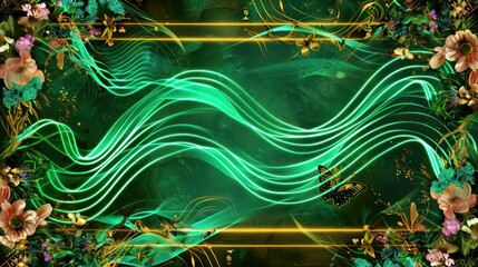 Neon green wave lines on an emerald background, encased in a golden frame of flowers and butterflies, combining nature with abstract art