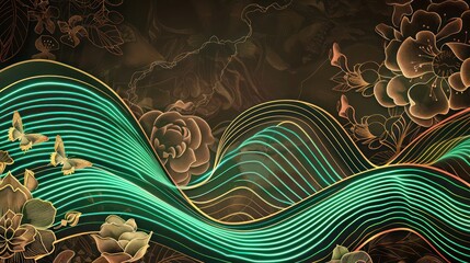 Neon green wave lines flowing over an Art Deco rose backdrop, highlighted by a golden floral and butterfly motif for a luxurious feel