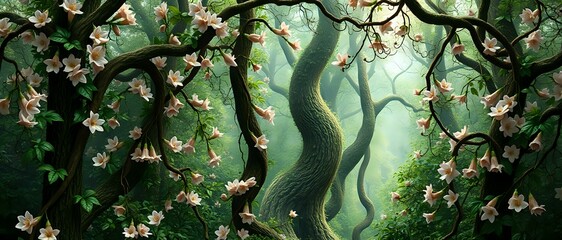 Naklejka premium Whimsical Forest Trail with Vibrant Blooms