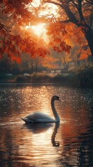Fototapeta premium A serene swan glides through a tranquil pond surrounded by autumn foliage at sunset.
