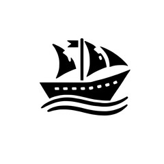 Sailing Ship Icon: A bold, black silhouette of a sailing ship navigating calm waves. Perfect for nautical themes, travel, adventure, and exploration. 