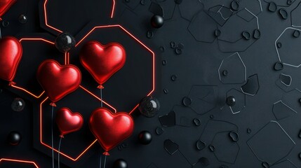 Neon hexagon background in black with red heart-shaped balloons, gradient from charcoal to black, black pearls, and charcoal glitter