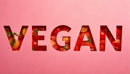 A pink paper cutout spelling the word "vegan" revealing tomatoes inside