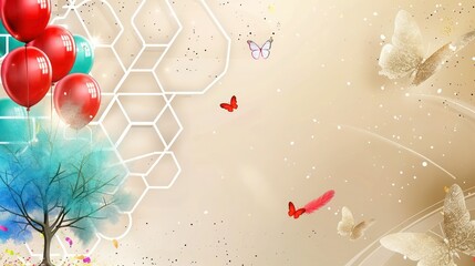 Neon hexagon background in beige, white lattice, blue and turquoise tree, red balloons, colorful feathers, beige glitter butterflies with shining dust, gradient vanilla to espresso