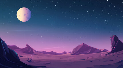 Fototapeta premium Alien Desert Landscape Underneath a Large Moon and Starry Sky