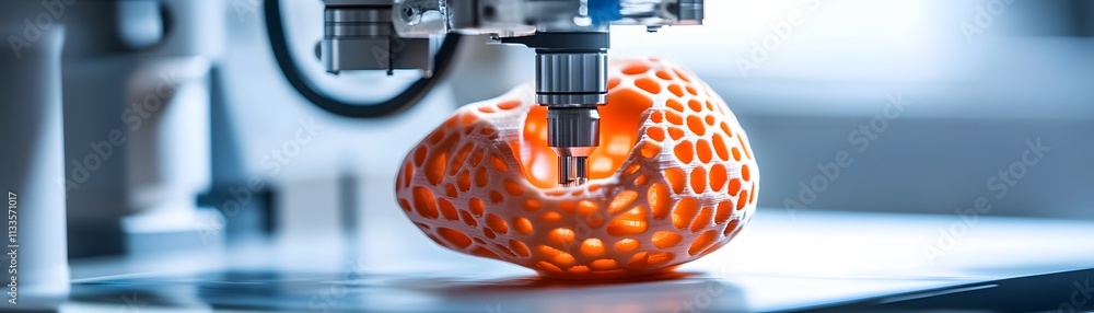 Poster a close-up view of a 3d printer creating an intricate orange object, showcasing modern technology in