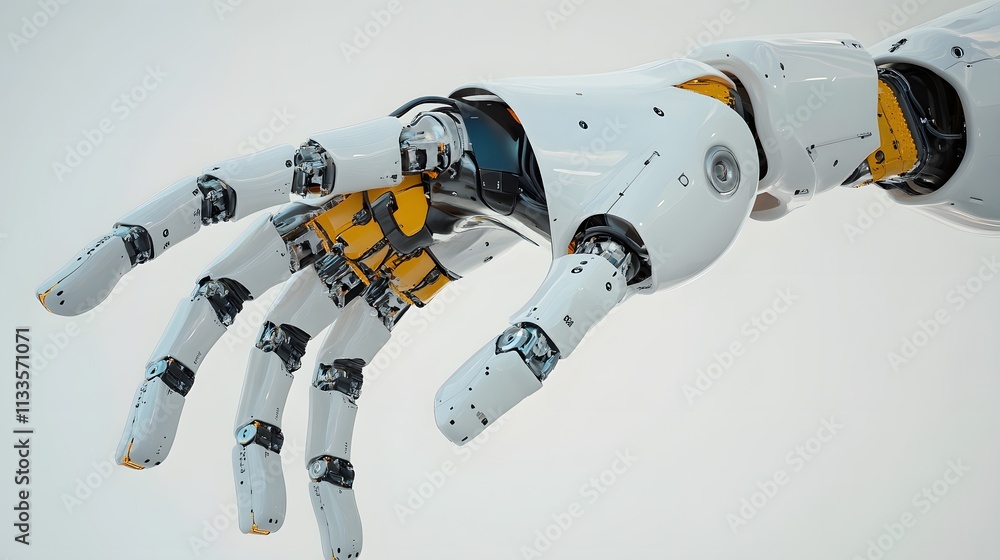 Poster a close-up view of a robotic hand showcasing intricate mechanical details, symbolizing the advanceme
