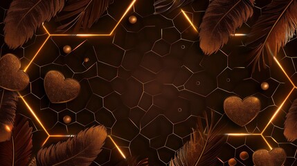 Neon hexagon background in chocolate with brown feathers, gradient from tan to dark brown, dark brown pearls, tan glitter, with brown hearts