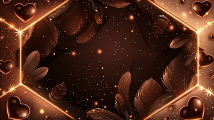 Neon hexagon background in chocolate with brown feathers, gradient from tan to dark brown, dark brown pearls, tan glitter, with brown hearts