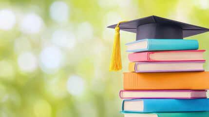 A vibrant stack of books topped with a graduation cap, representing the journey of learning and academic achievement.