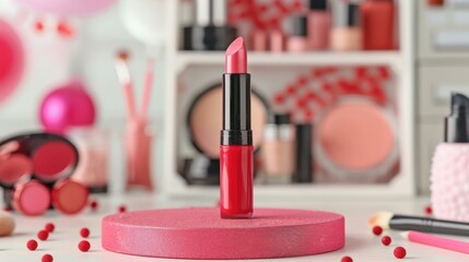 A vibrant cosmetic tube takes center stage, illuminated on a podium, flanked by a colorful assortment of makeup items.