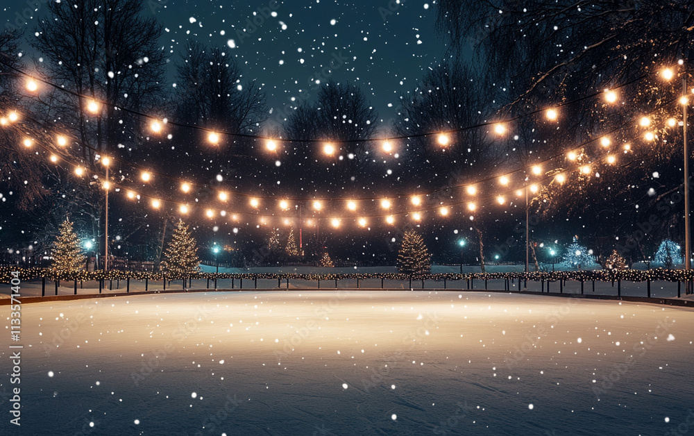 Aufkleber an ice skating rink with festive string lights and gentle snowfall, offering plenty of copy space. p