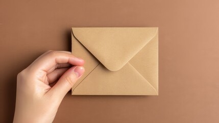 Fototapeta premium Ecofriendly kraft paper envelope with a hand display, perfect for sending cards, letters, and invitations. Space for your text
