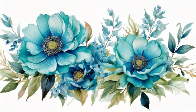 watercolor turquoise flowers illustration in vintage style on white background, greeting card, wedding poster, invite template.