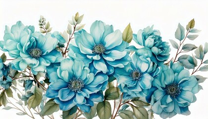 Fototapeta premium watercolor turquoise flowers illustration in vintage style on white background, greeting card, wedding poster, invite template.
