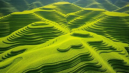 Vibrant green terraced hills with a natural organic pattern, showcasing agricultural techniques and natural aesthetics.

