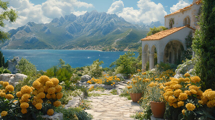 Mediterranean Villa Garden Overlooking Majestic Mountains