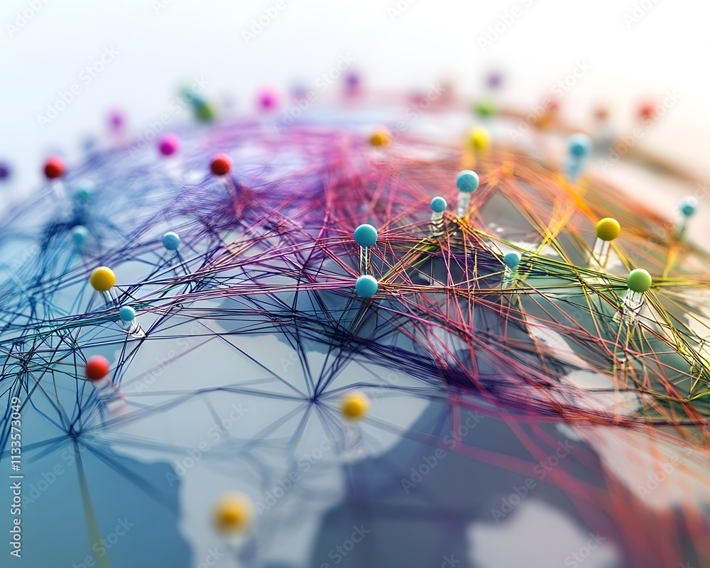 Poster an abstract representation of global connectivity, featuring vibrant lines and nodes interconnected 