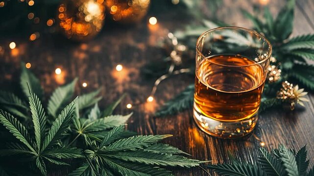 Glass of whiskey, marijuana leaves and Christmas lights on a wooden table. New years eve themed Cannabis background for legal Marijuana advertisement.