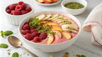 A dreamy soft pink smoothie bowl crafted from raspberries and bananas. This bowl is elegantly topped with thinly sliced peaches a burst of green matcha and a tering of