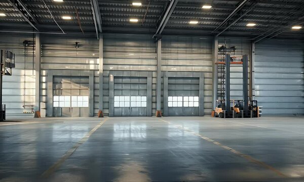 Spacious industrial warehouse with forklifts and large loading doors.