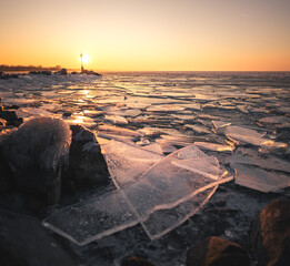 Colorful winter sunset over lake Balaton