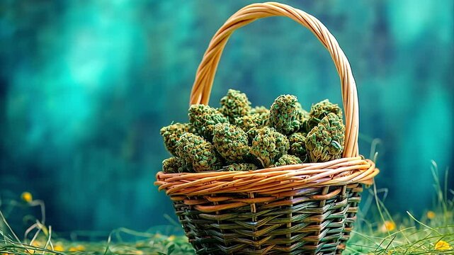 Easter basket filled with dank kind buds against a blue background for cannabis dispensary advertisement.