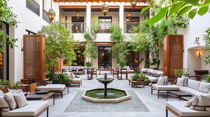 Arabic courtyard low cushioned seating ornate wooden screens hanging brass lanterns and a fountain at the center surrounded by fragrant jasmine and greenery