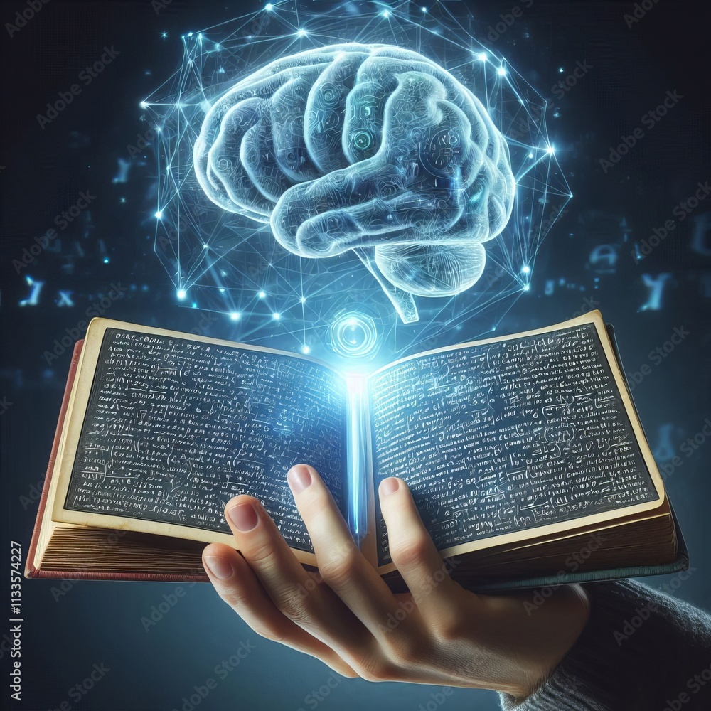 Poster a captivating image of a floating brain hologram above a glowing open book, with scientific symbols 
