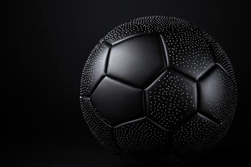 Detailed black soccer ball close up. Stylish design with small silver dots. Black leather texture is evident. Premium sports equipment. Modern design and sports equipment.