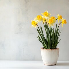 Daffodils in pot on white table