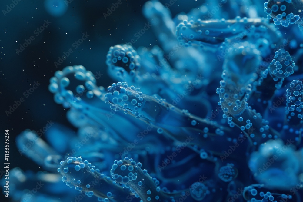 Poster microscopic view of a blue virus cellular structure detailed 3d render abstract science background